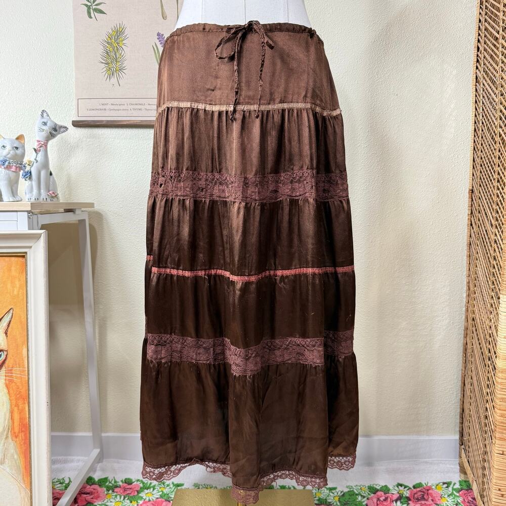 90s Y2k Satin Lace Tiered Peasant Maxi Skirt Forest Fairy Grunge Witchy L XL 2X